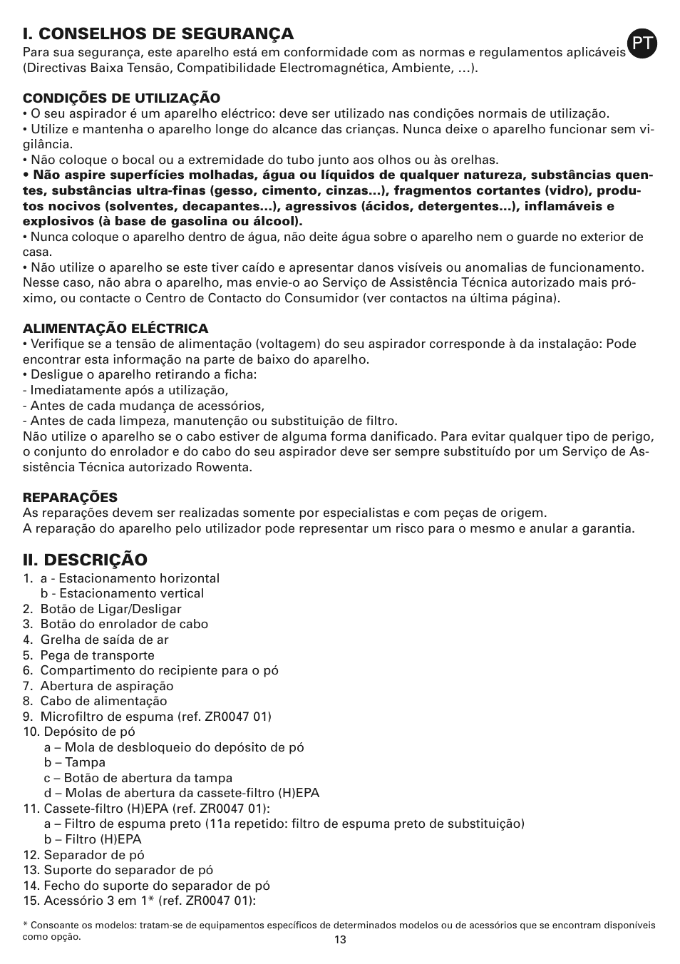 I. conselhos de segurança, Ii. descrição | ROWENTA COMPACTEO CYCLONIC RO3449 User Manual | Page 18 / 56