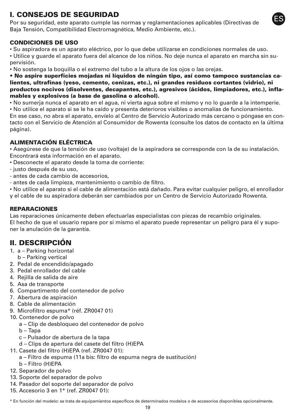 I. consejos de seguridad, Ii. descripción | ROWENTA COMPACTEO CYCLONIC RO3449 User Manual | Page 24 / 56