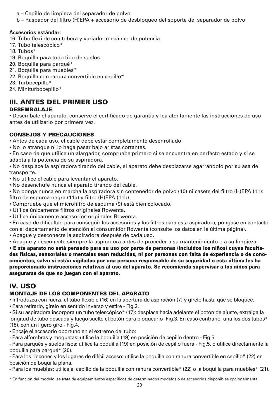 Iii. antes del primer uso, Iv. uso | ROWENTA COMPACTEO CYCLONIC RO3449 User Manual | Page 25 / 56