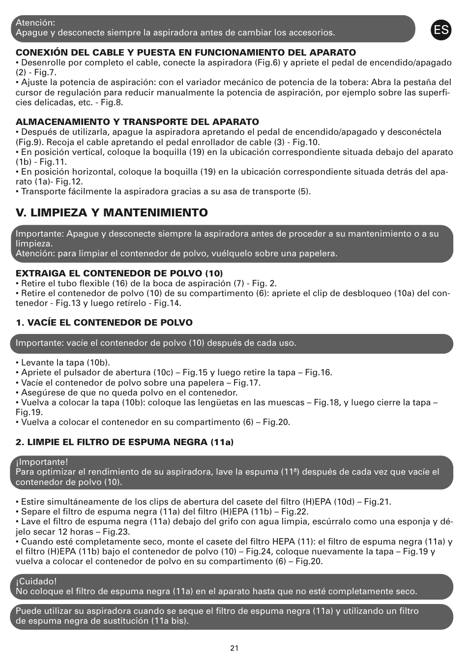 V. limpieza y mantenimiento | ROWENTA COMPACTEO CYCLONIC RO3449 User Manual | Page 26 / 56