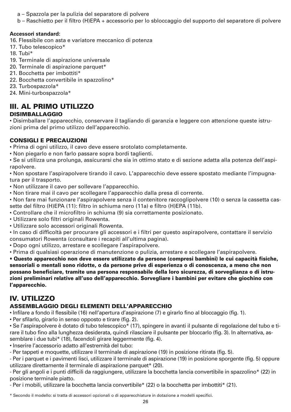 Iii. al primo utilizzo, Iv. utilizzo | ROWENTA COMPACTEO CYCLONIC RO3449 User Manual | Page 31 / 56