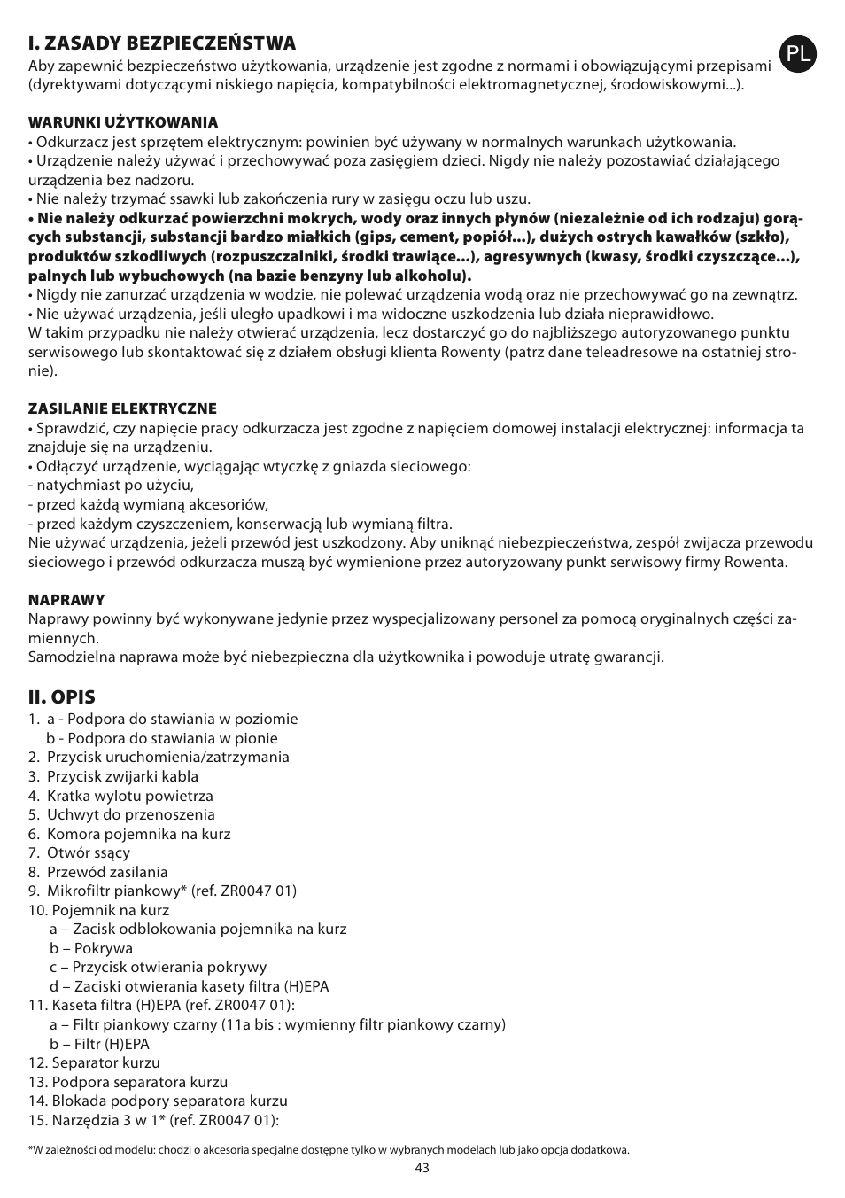 I. zasady bezpieczeństwa, Ii. opis | ROWENTA COMPACTEO CYCLONIC RO3449 User Manual | Page 48 / 56