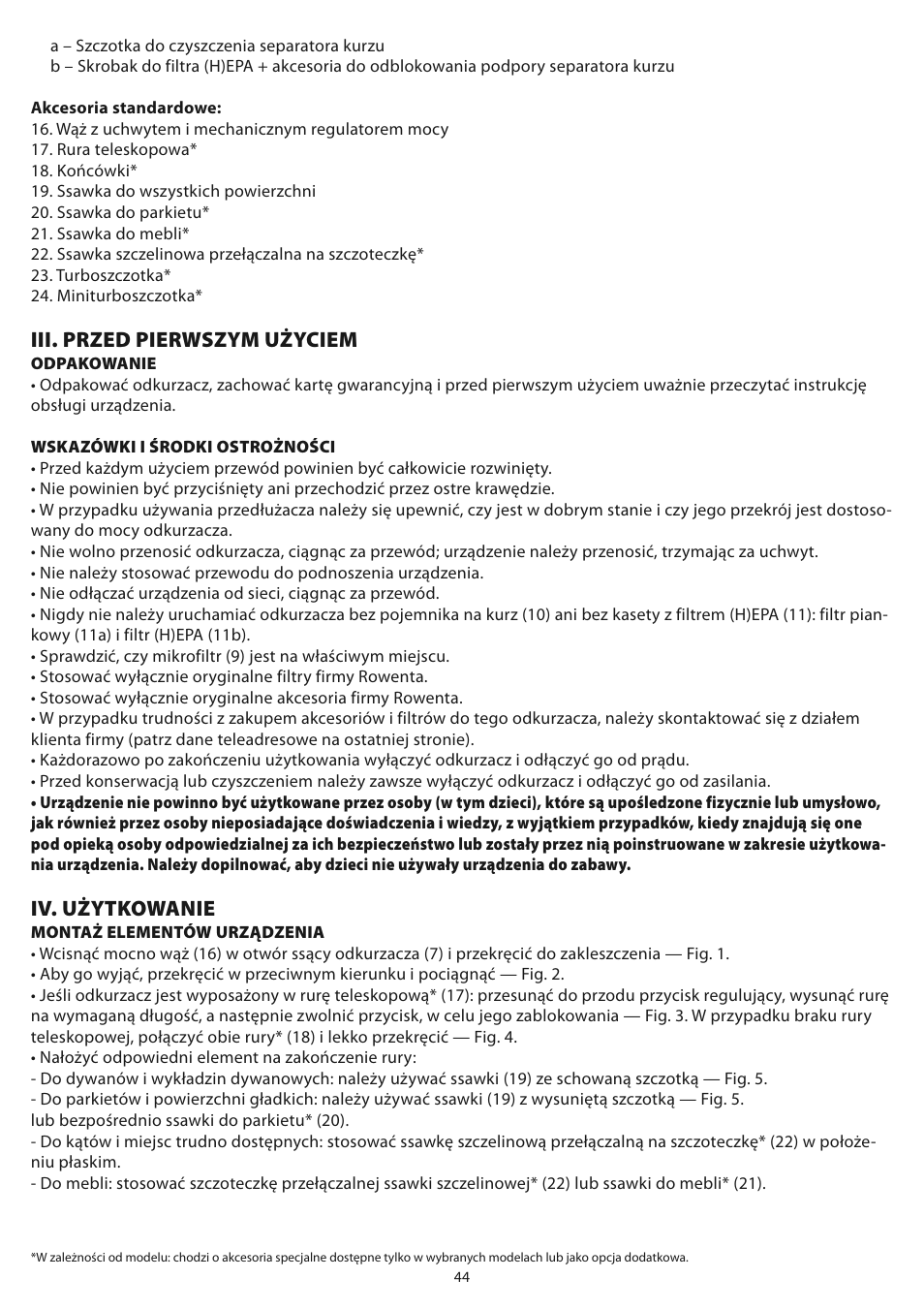 Iii. przed pierwszym użyciem, Iv. użytkowanie | ROWENTA COMPACTEO CYCLONIC RO3449 User Manual | Page 49 / 56