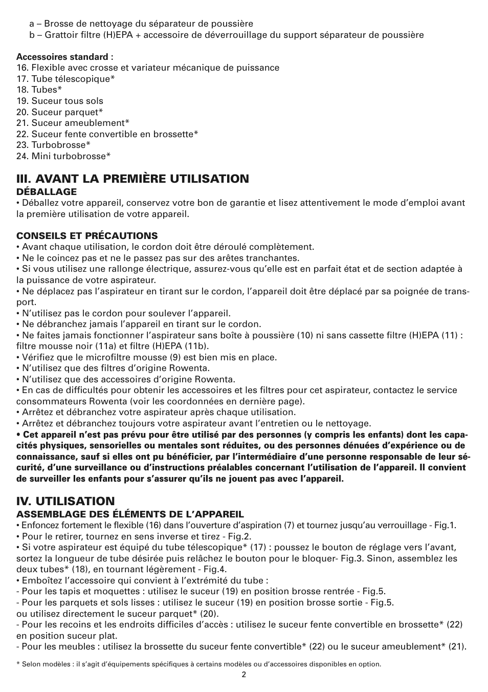 Iii. avant la première utilisation, Iv. utilisation | ROWENTA COMPACTEO CYCLONIC RO3449 User Manual | Page 7 / 56