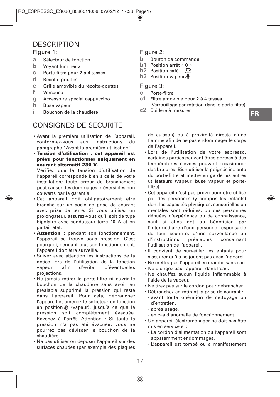 Fr description, Consignes de securite | ROWENTA ESPRESSO ES060 User Manual | Page 15 / 82