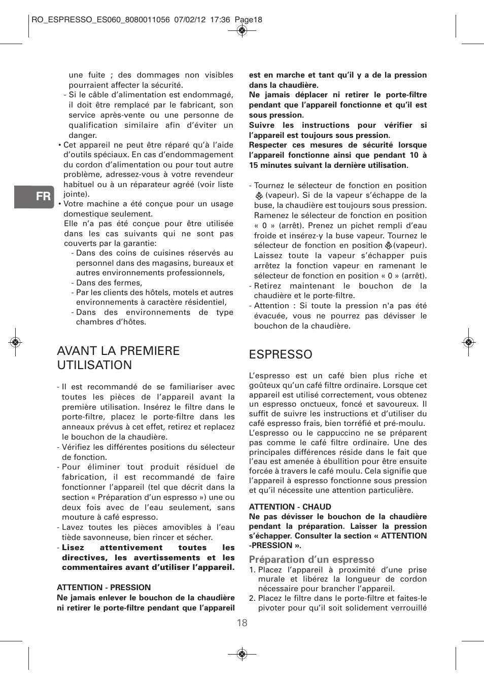 Avant la premiere utilisation, Espresso | ROWENTA ESPRESSO ES060 User Manual | Page 16 / 82