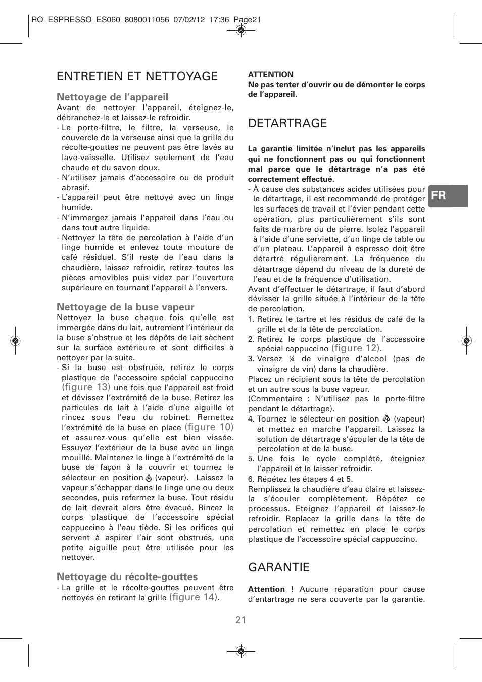 Fr entretien et nettoyage, Detartrage, Garantie | ROWENTA ESPRESSO ES060 User Manual | Page 19 / 82