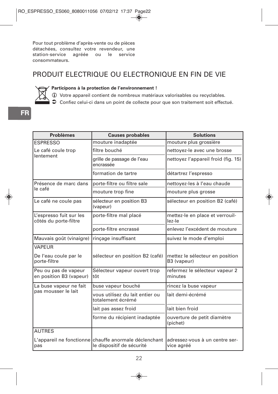 Produit electrique ou electronique en fin de vie | ROWENTA ESPRESSO ES060 User Manual | Page 20 / 82