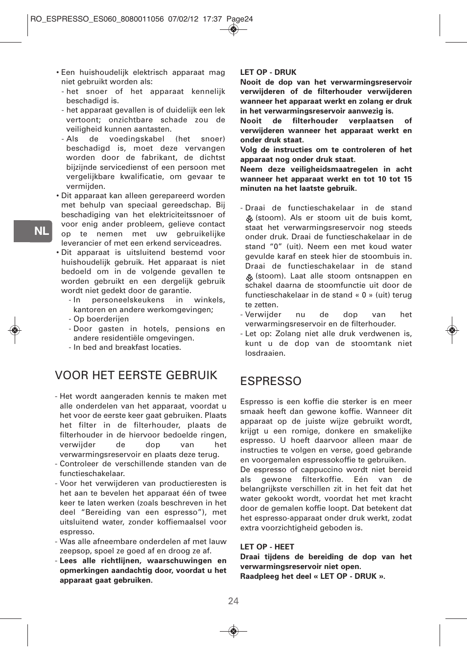 Voor het eerste gebruik, Espresso | ROWENTA ESPRESSO ES060 User Manual | Page 22 / 82