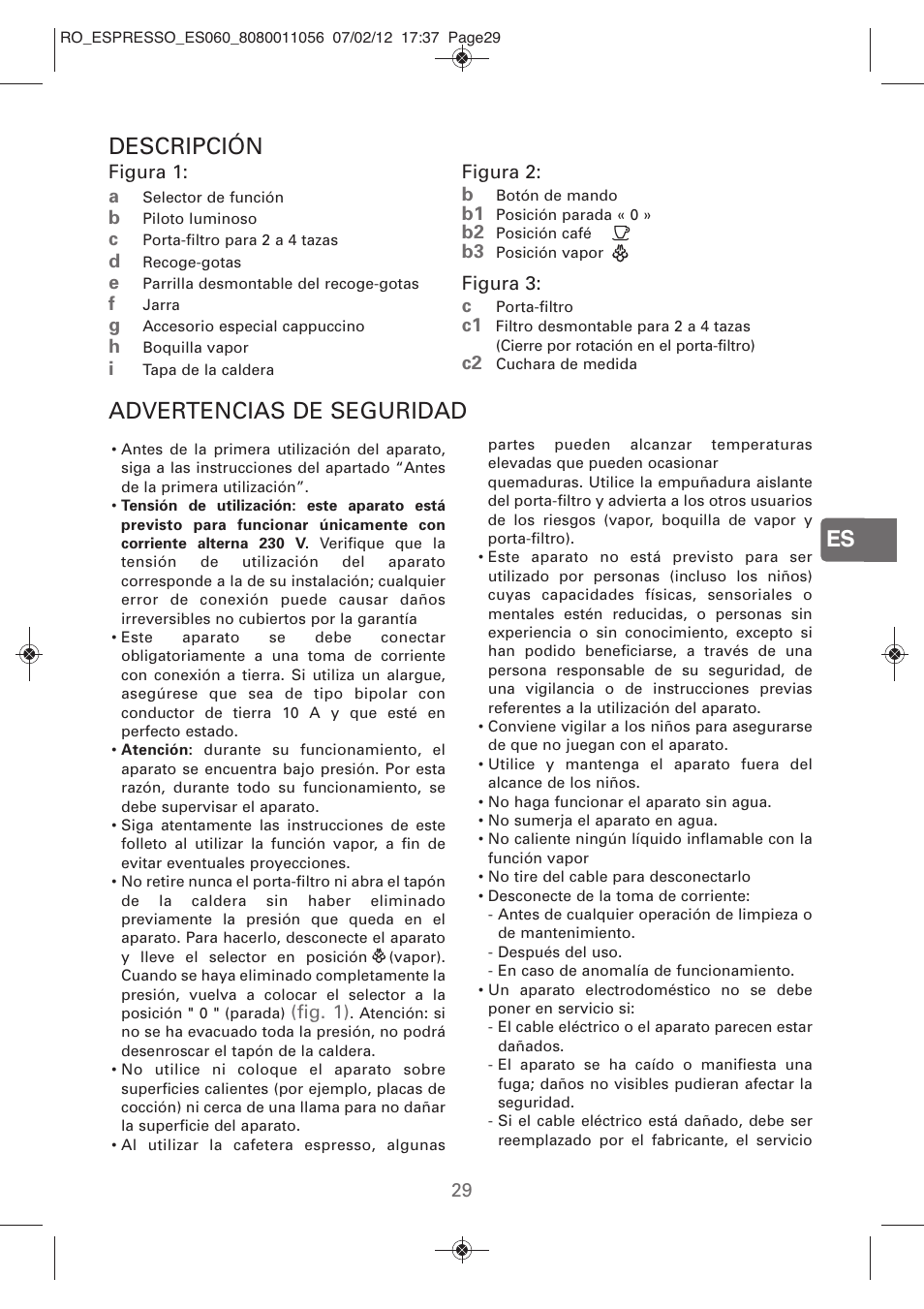 Es descripción, Advertencias de seguridad | ROWENTA ESPRESSO ES060 User Manual | Page 27 / 82