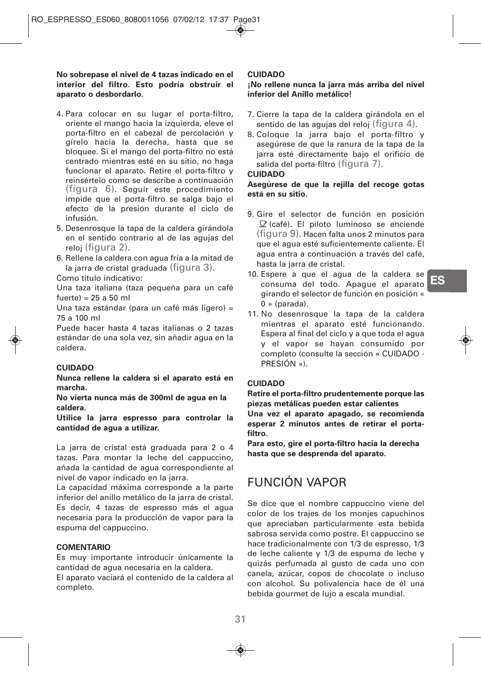 Función vapor | ROWENTA ESPRESSO ES060 User Manual | Page 29 / 82