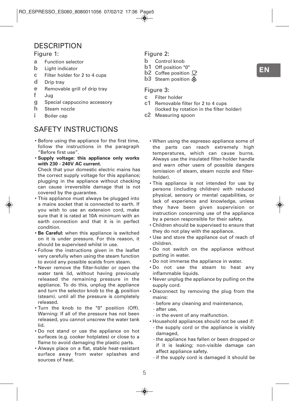 En description, Safety instructions | ROWENTA ESPRESSO ES060 User Manual | Page 3 / 82