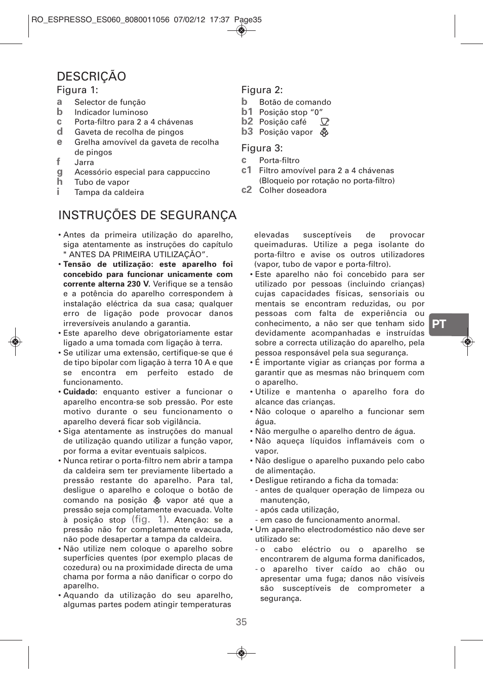 Pt descrição, Instruções de segurança | ROWENTA ESPRESSO ES060 User Manual | Page 33 / 82