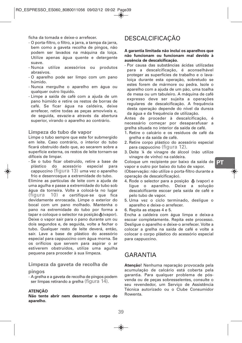 Descalcificação, Garantia | ROWENTA ESPRESSO ES060 User Manual | Page 37 / 82