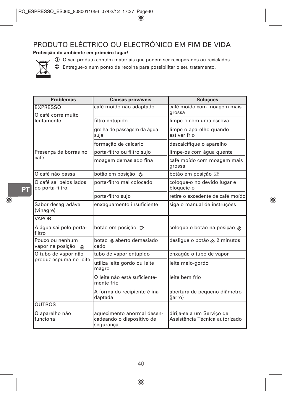 Produto eléctrico ou electrónico em fim de vida | ROWENTA ESPRESSO ES060 User Manual | Page 38 / 82