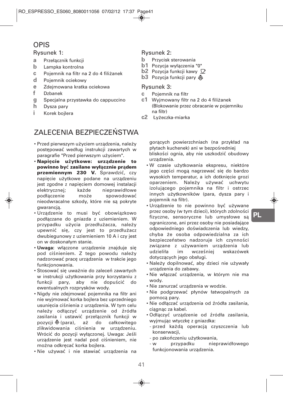 Pl opis, Zalecenia bezpieczeństwa | ROWENTA ESPRESSO ES060 User Manual | Page 39 / 82