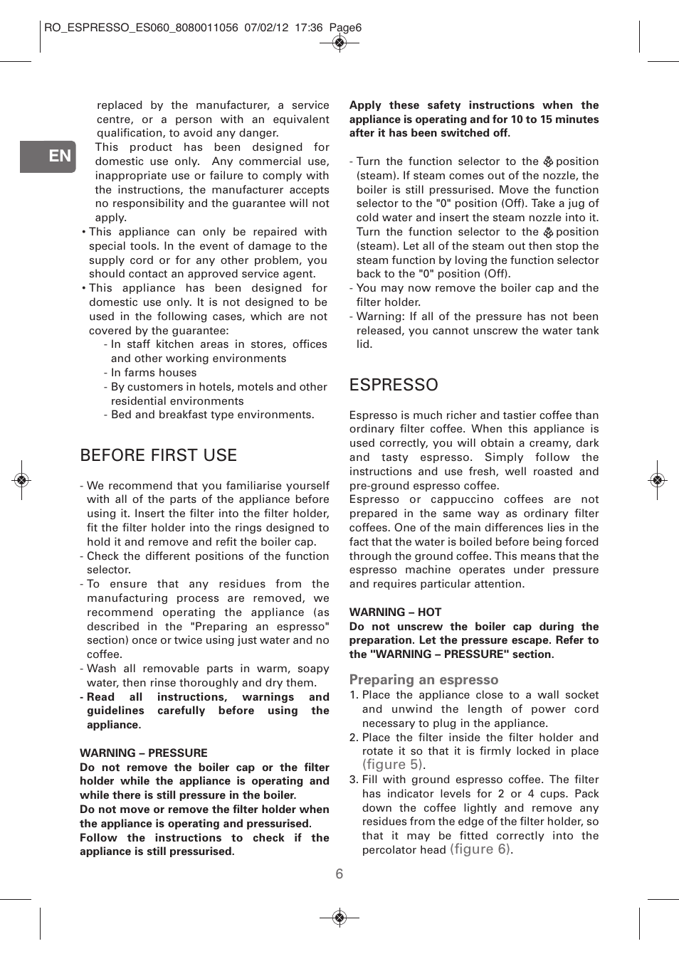 Before first use, Espresso | ROWENTA ESPRESSO ES060 User Manual | Page 4 / 82