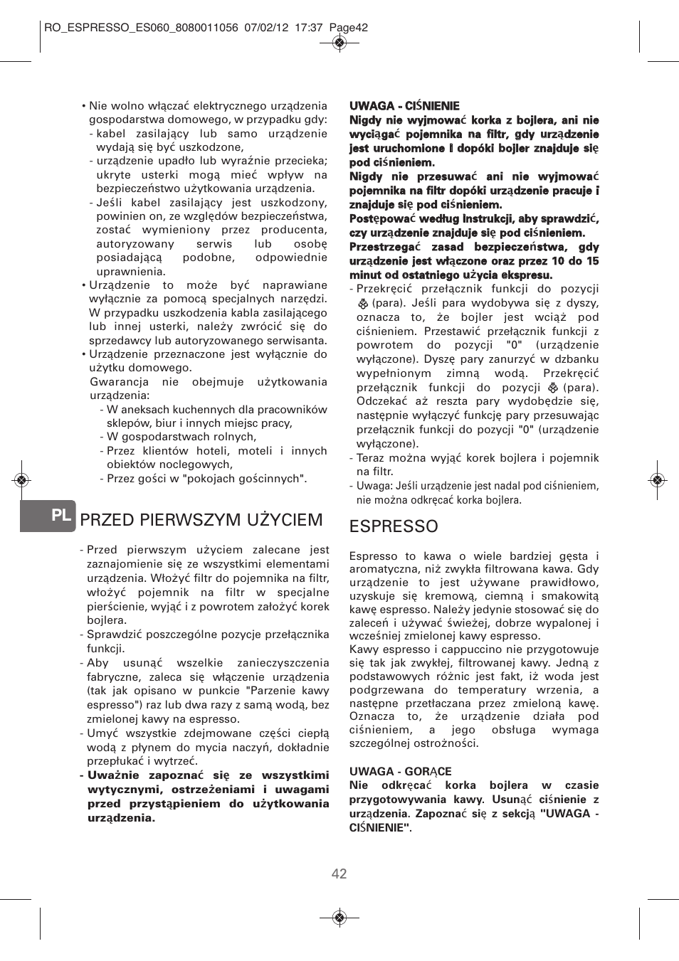 Przed pierwszym u yciem, Espresso | ROWENTA ESPRESSO ES060 User Manual | Page 40 / 82