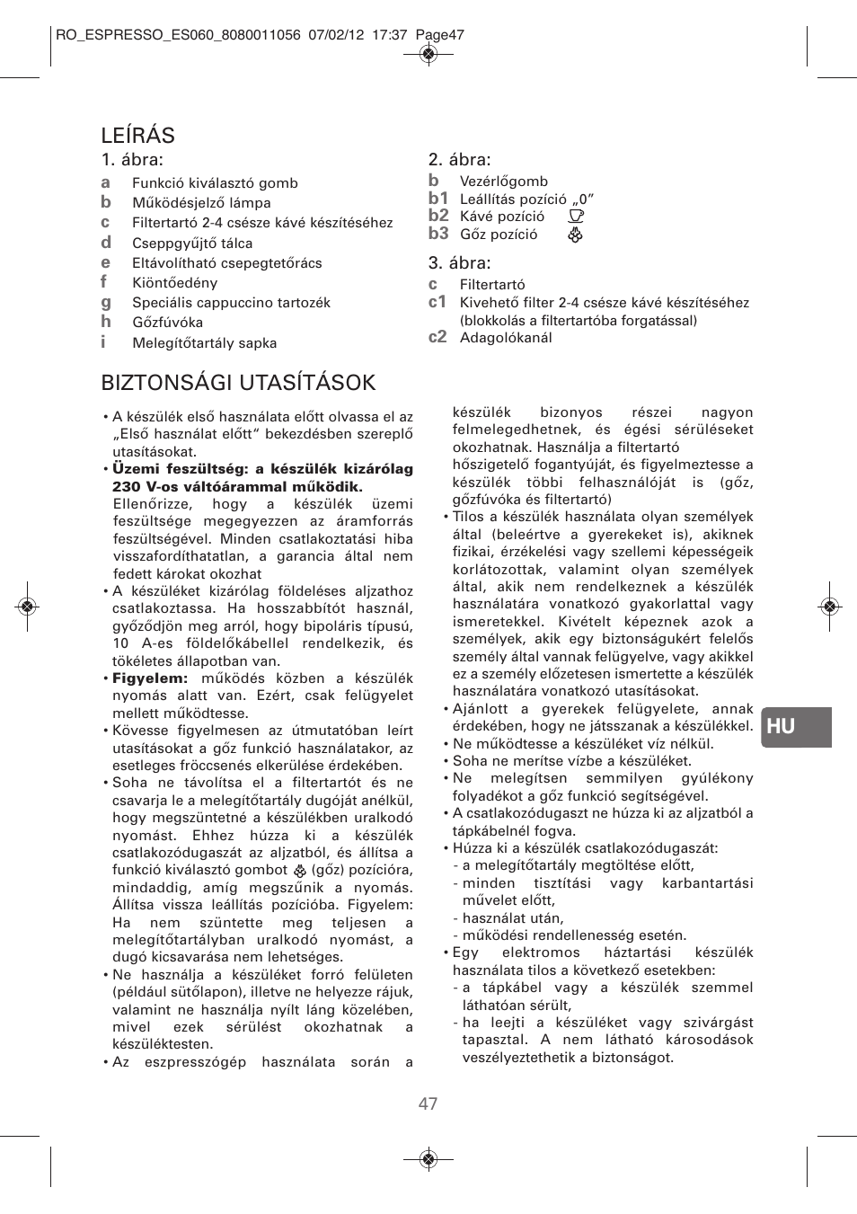 Hu leírás, Biztonsági utasítások | ROWENTA ESPRESSO ES060 User Manual | Page 45 / 82