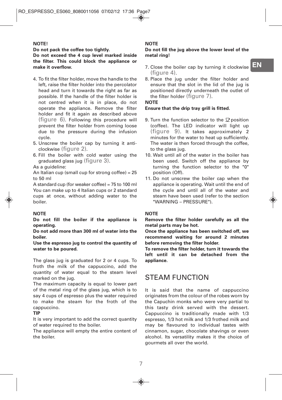 Steam function | ROWENTA ESPRESSO ES060 User Manual | Page 5 / 82