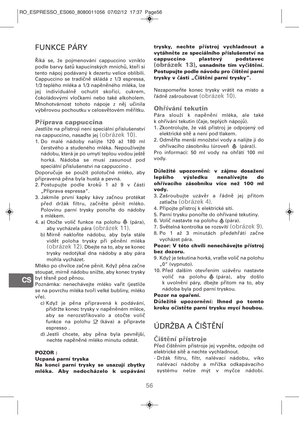 Funkce páry, Údržba a čištění | ROWENTA ESPRESSO ES060 User Manual | Page 54 / 82