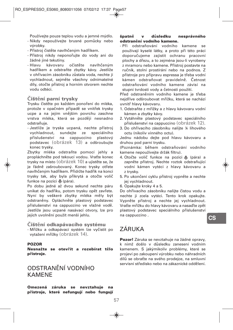 Odstranění vodního kamene, Záruka | ROWENTA ESPRESSO ES060 User Manual | Page 55 / 82