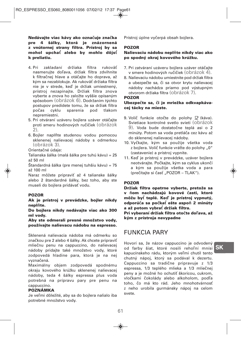 Funkcia pary | ROWENTA ESPRESSO ES060 User Manual | Page 59 / 82