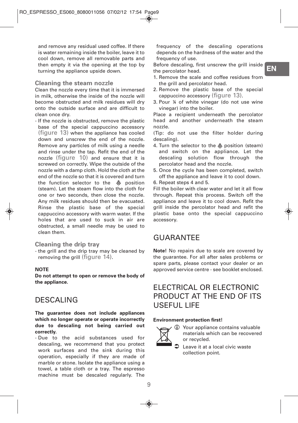 Descaling, Guarantee | ROWENTA ESPRESSO ES060 User Manual | Page 7 / 82