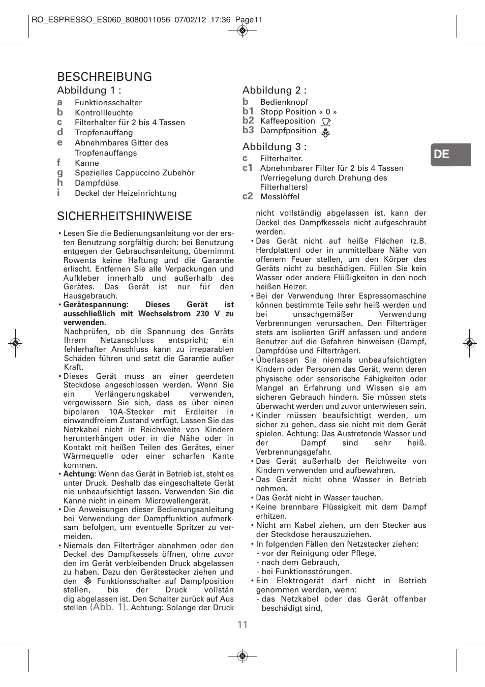 De beschreibung, Sicherheitshinweise | ROWENTA ESPRESSO ES060 User Manual | Page 9 / 82