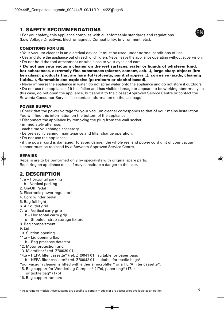 Safety recommendations, Description | ROWENTA COMPACTEO RO1783 User Manual | Page 10 / 111