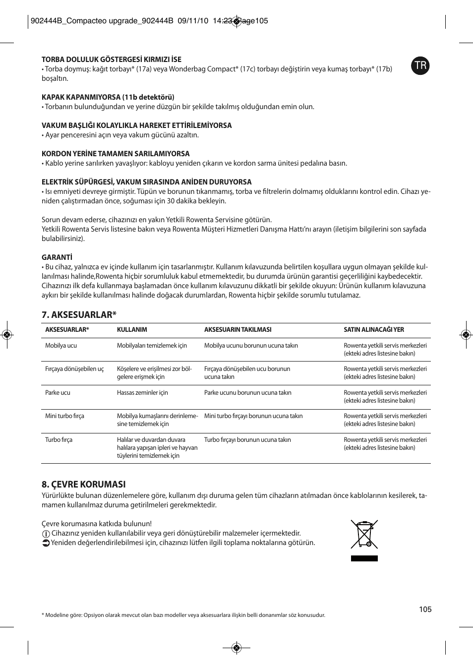 Aksesuarlar* 8. çevre korumasi | ROWENTA COMPACTEO RO1783 User Manual | Page 109 / 111