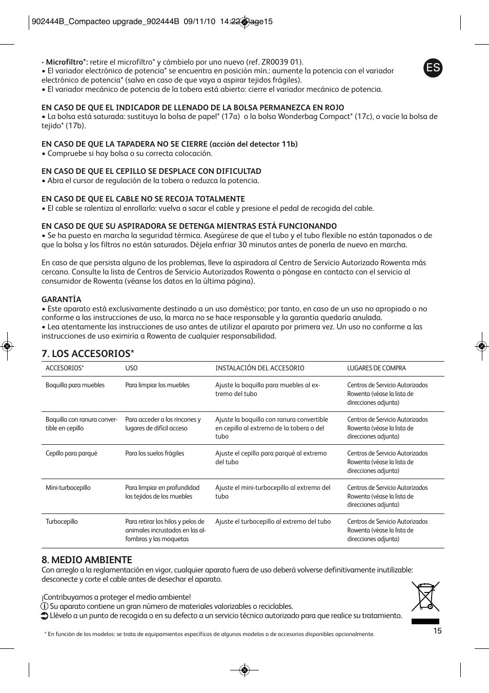 Medio ambiente, Los accesorios | ROWENTA COMPACTEO RO1783 User Manual | Page 19 / 111