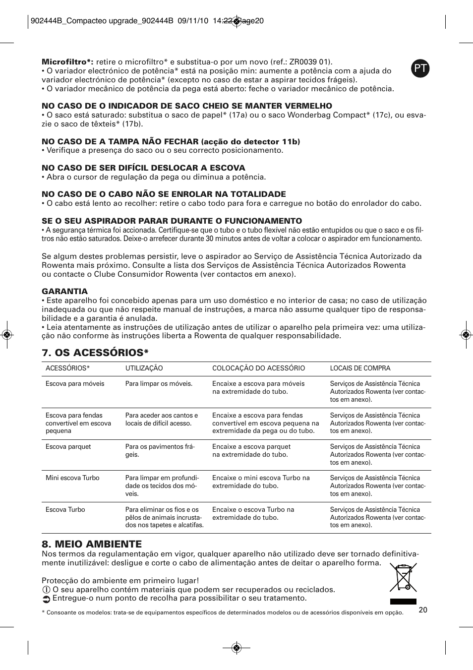 Meio ambiente, Os acessórios | ROWENTA COMPACTEO RO1783 User Manual | Page 24 / 111