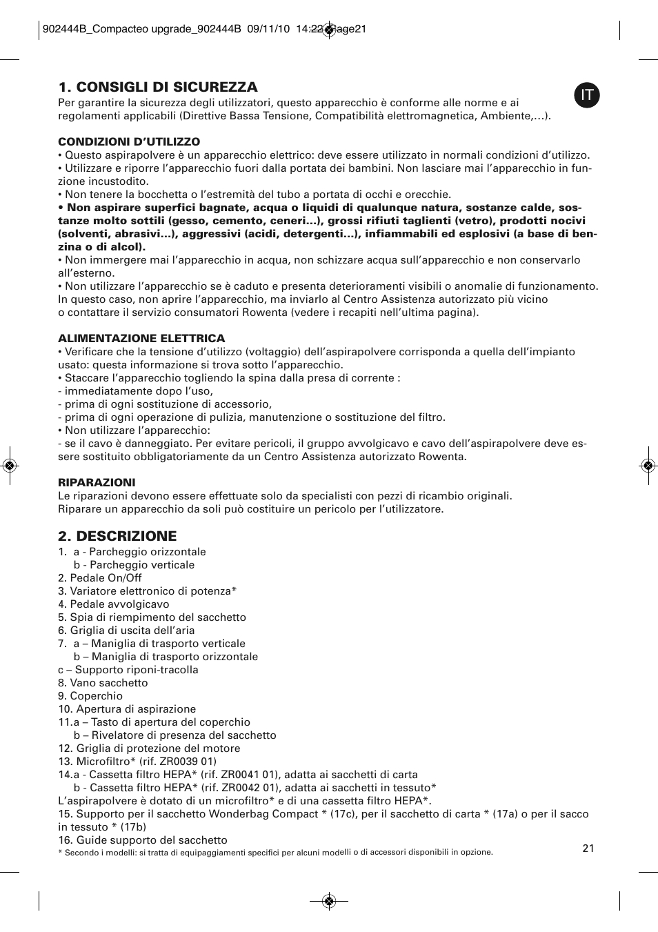Consigli di sicurezza, Descrizione | ROWENTA COMPACTEO RO1783 User Manual | Page 25 / 111
