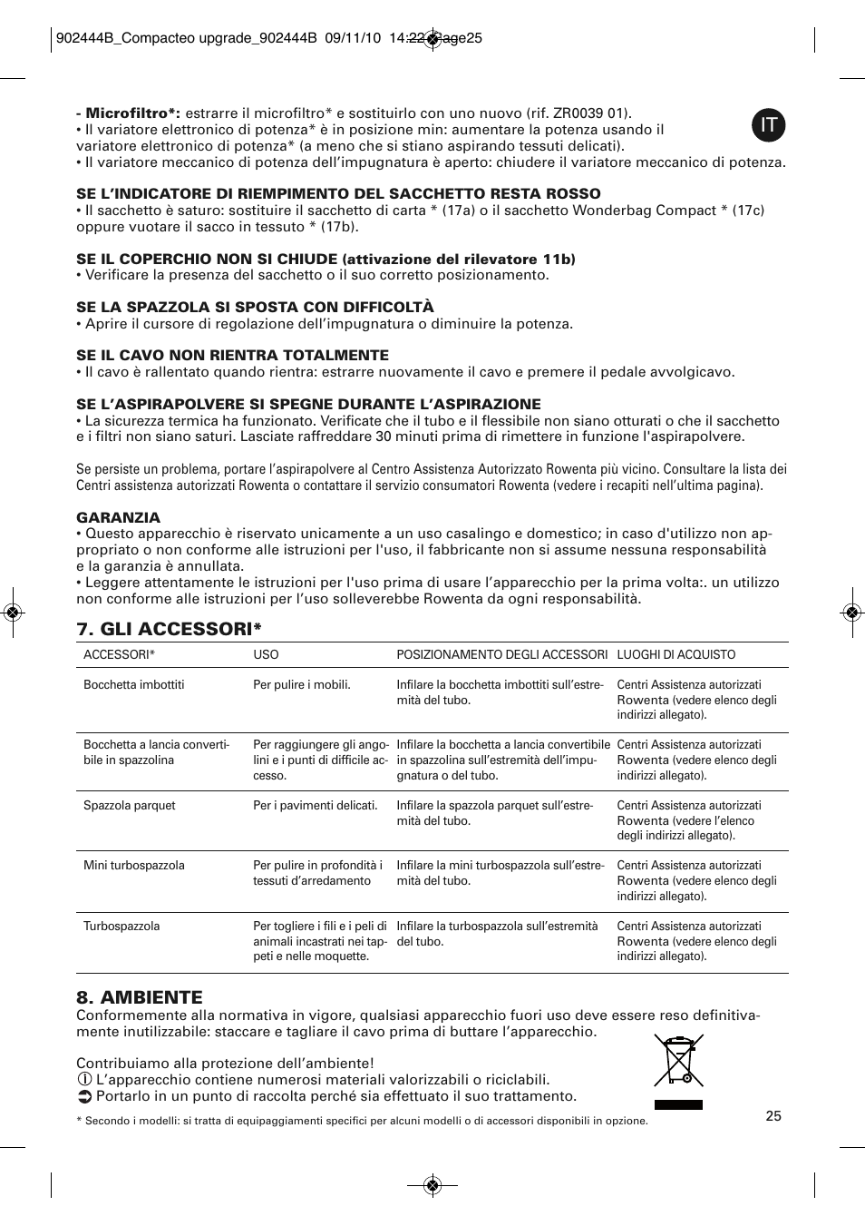 Ambiente, Gli accessori | ROWENTA COMPACTEO RO1783 User Manual | Page 29 / 111