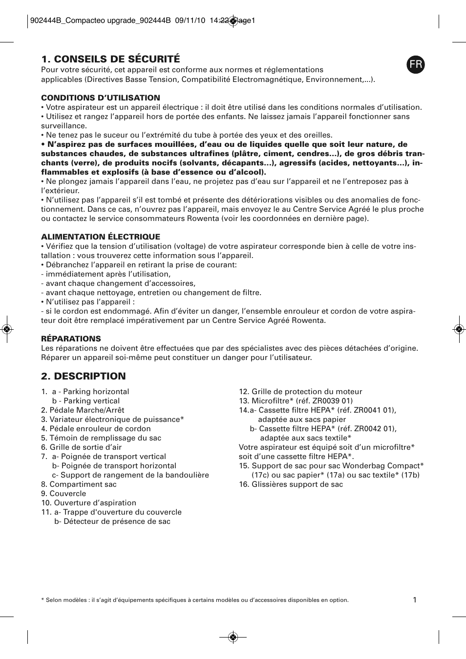 Conseils de sécurité, Description | ROWENTA COMPACTEO RO1783 User Manual | Page 5 / 111