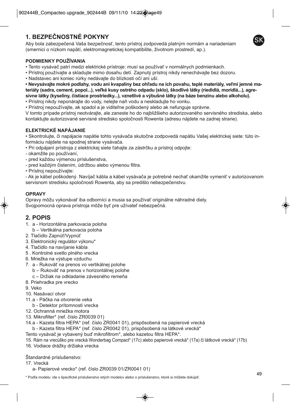 Bezpečnostné pokyny, Popis | ROWENTA COMPACTEO RO1783 User Manual | Page 53 / 111