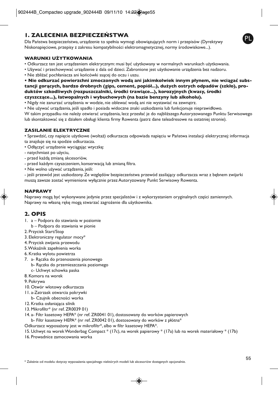 Zalecenia bezpieczeństwa, Opis | ROWENTA COMPACTEO RO1783 User Manual | Page 59 / 111