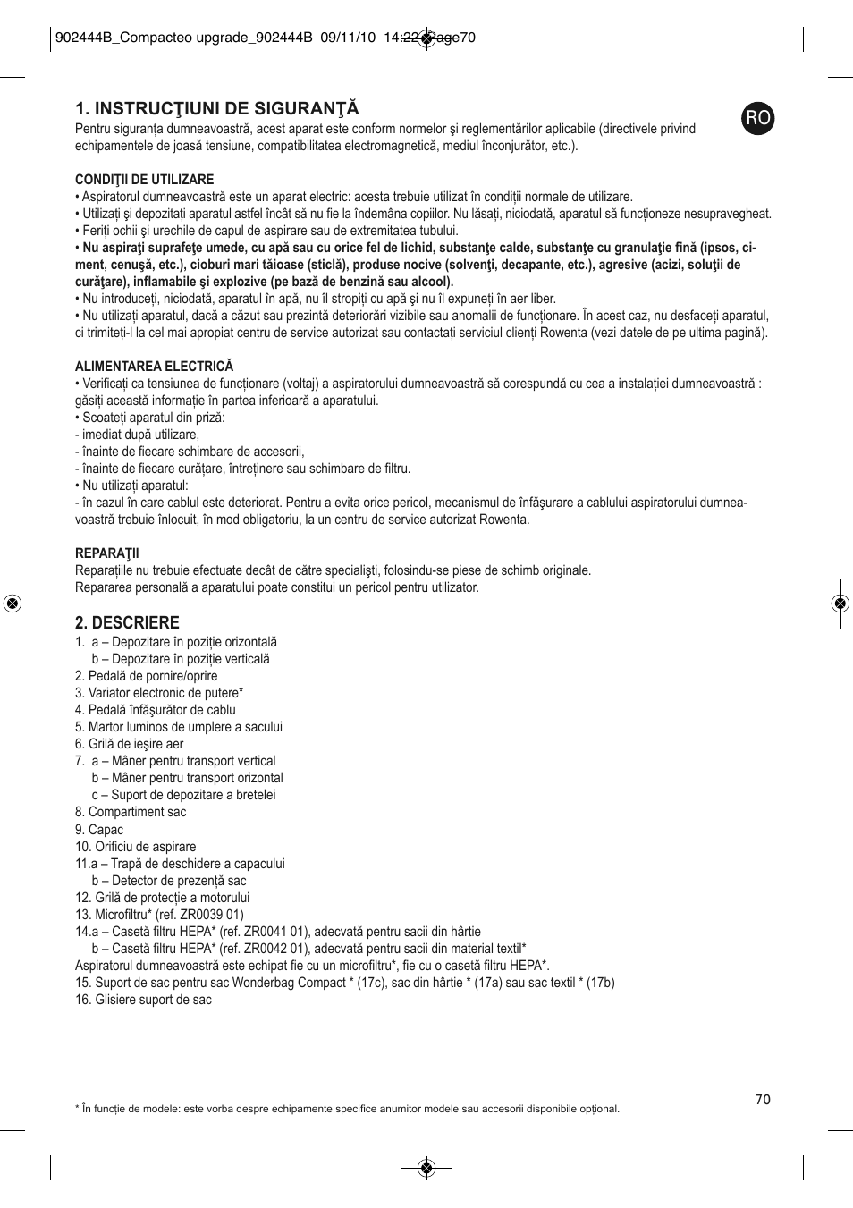 Instrucţiuni de siguranţă, Descriere | ROWENTA COMPACTEO RO1783 User Manual | Page 74 / 111
