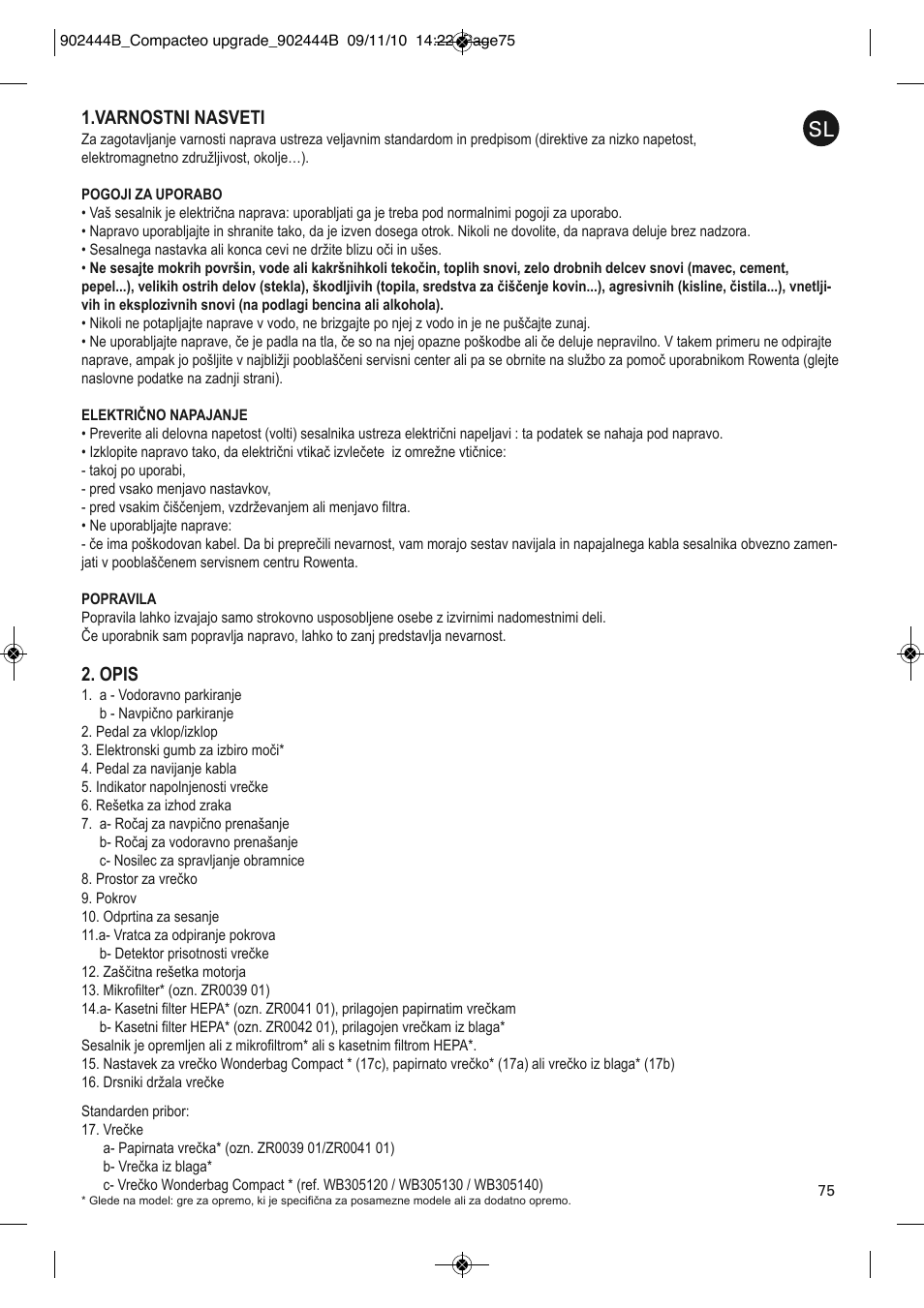 Varnostni nasveti, Opis | ROWENTA COMPACTEO RO1783 User Manual | Page 79 / 111