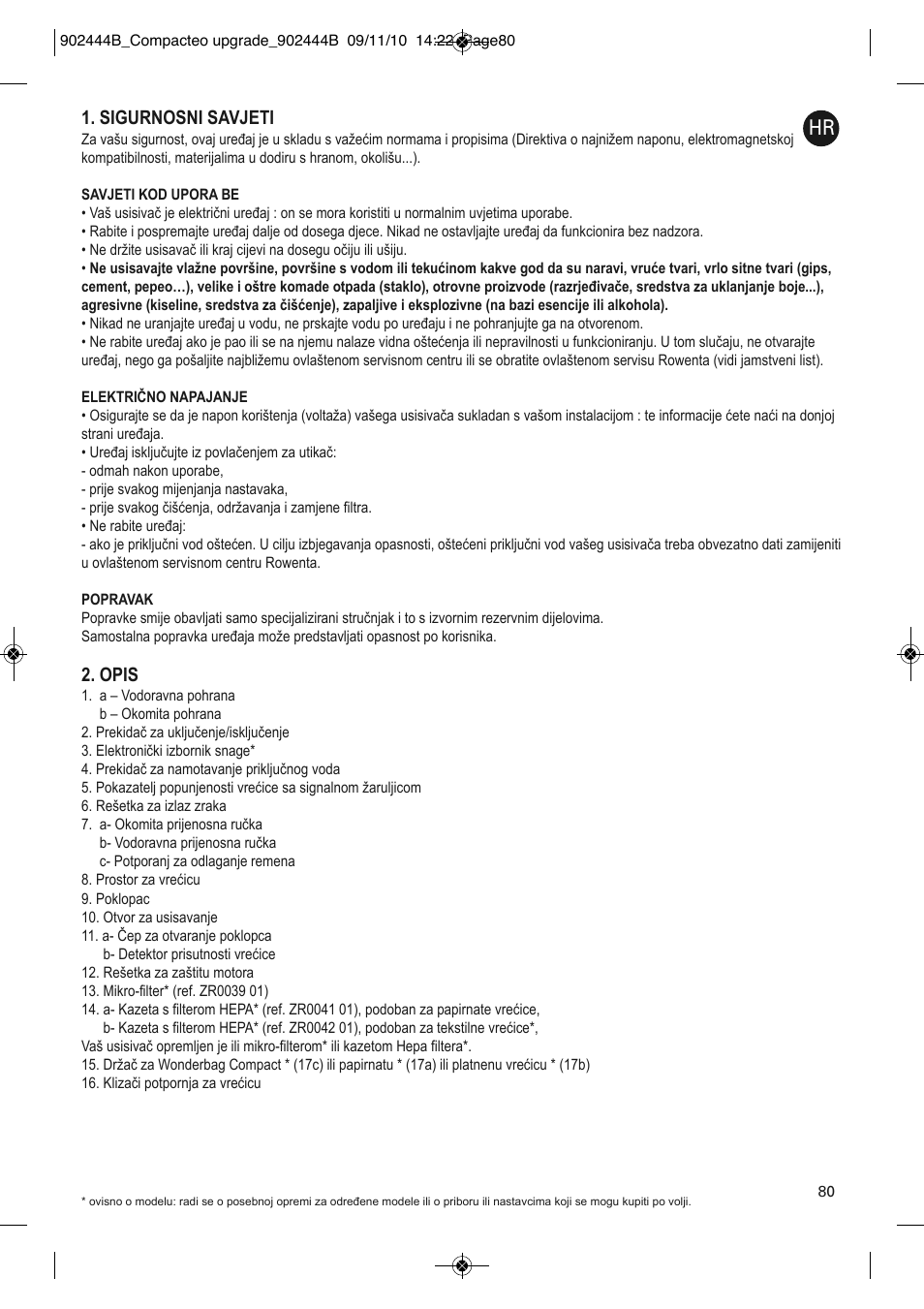 Sigurnosni savjeti, Opis | ROWENTA COMPACTEO RO1783 User Manual | Page 84 / 111