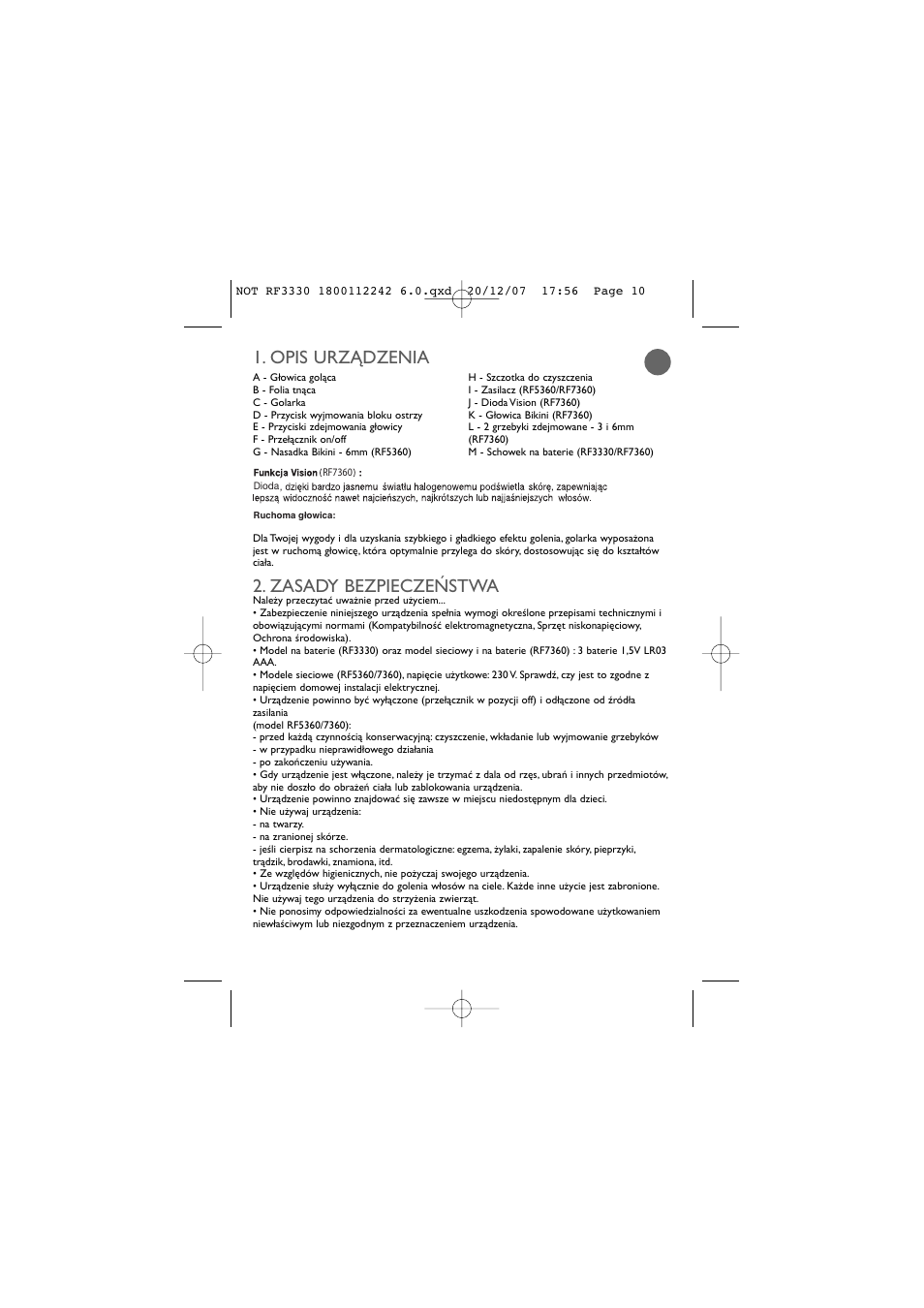 Opis urzñdzenia, Zasady bezpiecze¡stwa | ROWENTA LISSEA RF3330 User Manual | Page 14 / 76