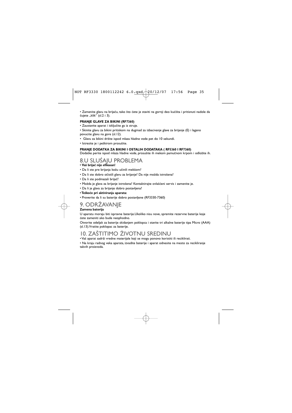 U sluâaju problema, Odrîavanje, Za·titimo îivotnu sredinu | ROWENTA LISSEA RF3330 User Manual | Page 39 / 76