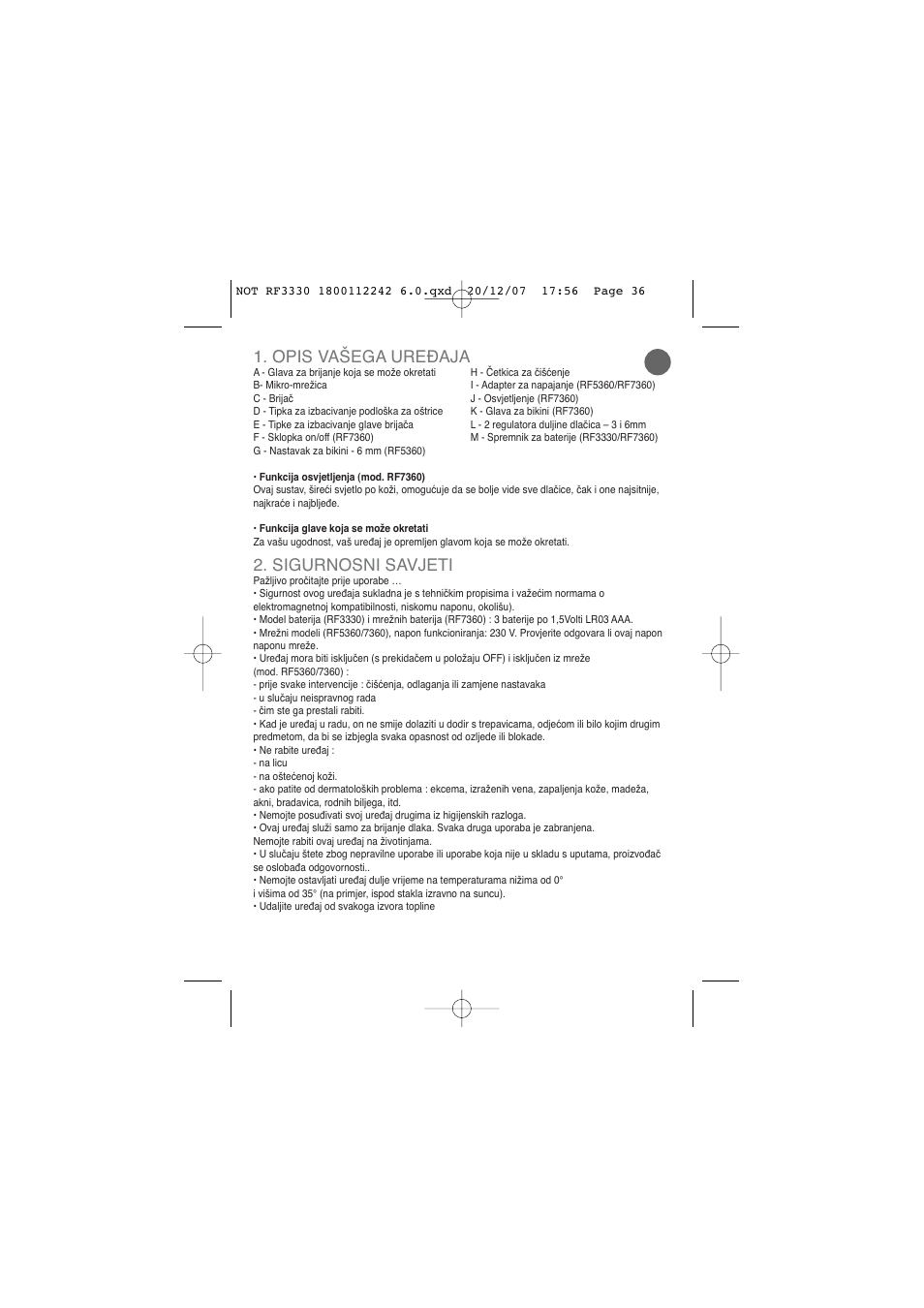 Hr 1. opis vašega uređaja, Sigurnosni savjeti | ROWENTA LISSEA RF3330 User Manual | Page 40 / 76
