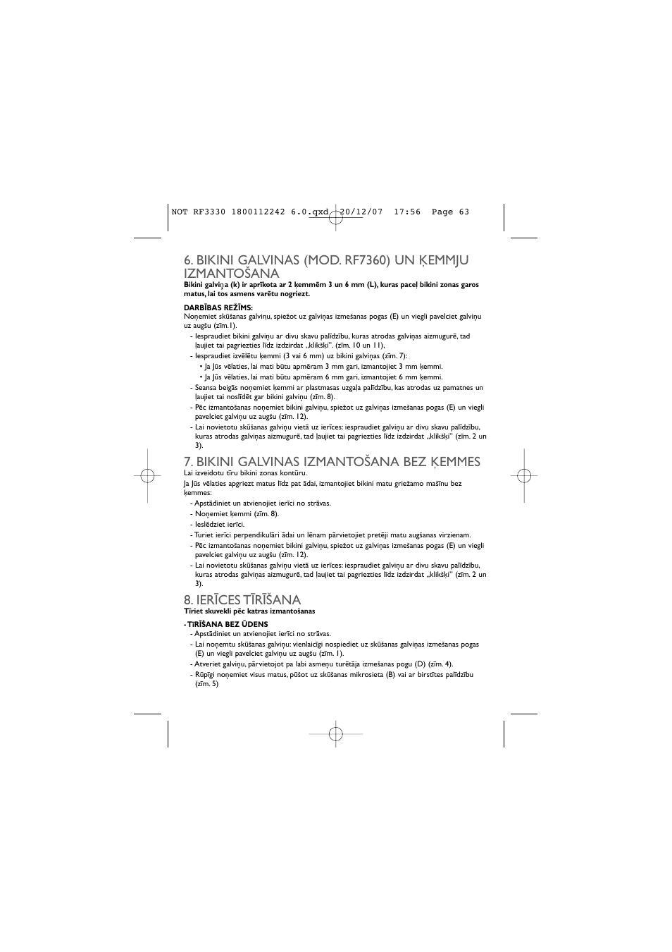 Bikini galvinas izmanto·ana bez μemmes, Ier±ces t±r±·ana | ROWENTA LISSEA RF3330 User Manual | Page 67 / 76