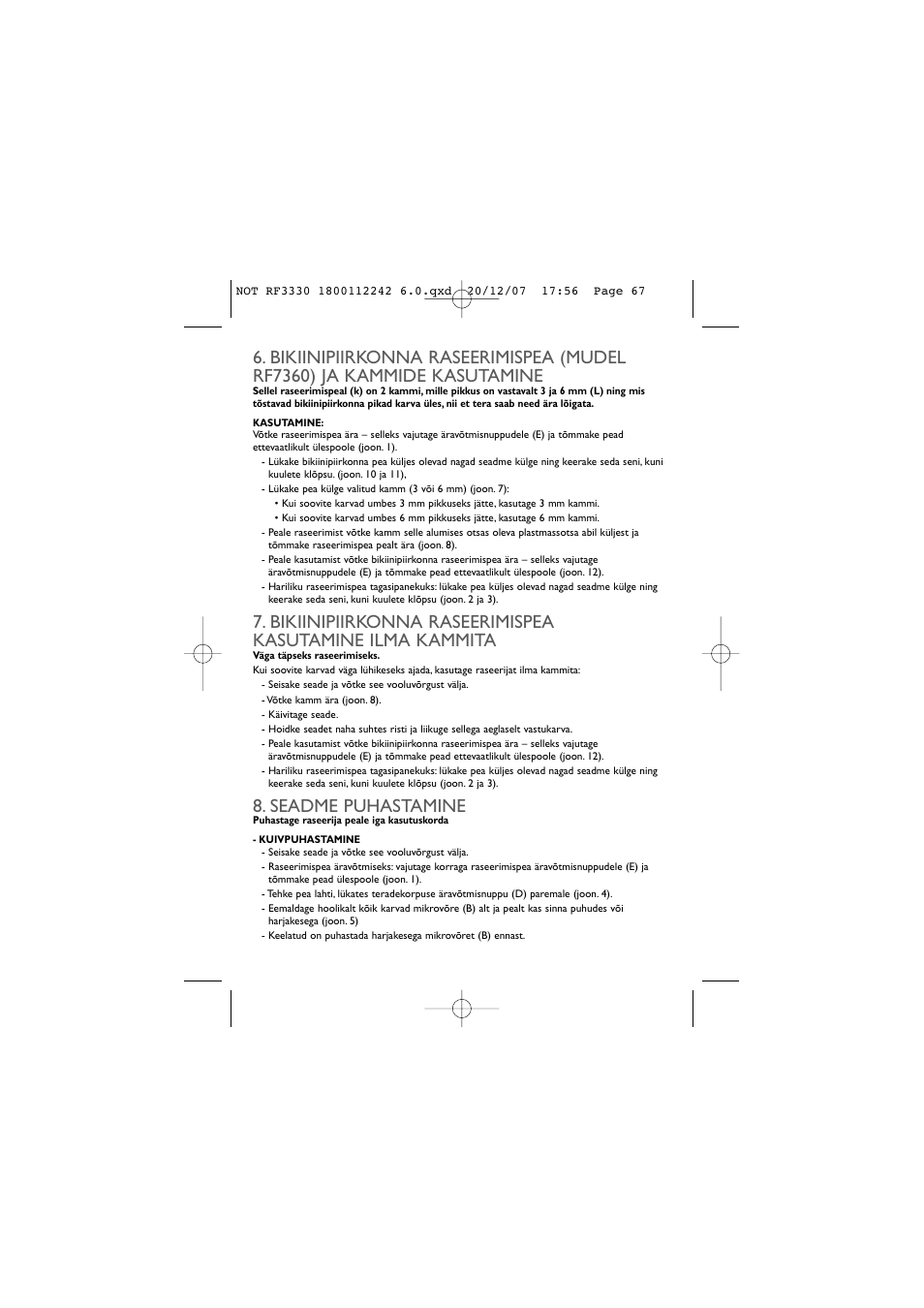 Seadme puhastamine | ROWENTA LISSEA RF3330 User Manual | Page 71 / 76