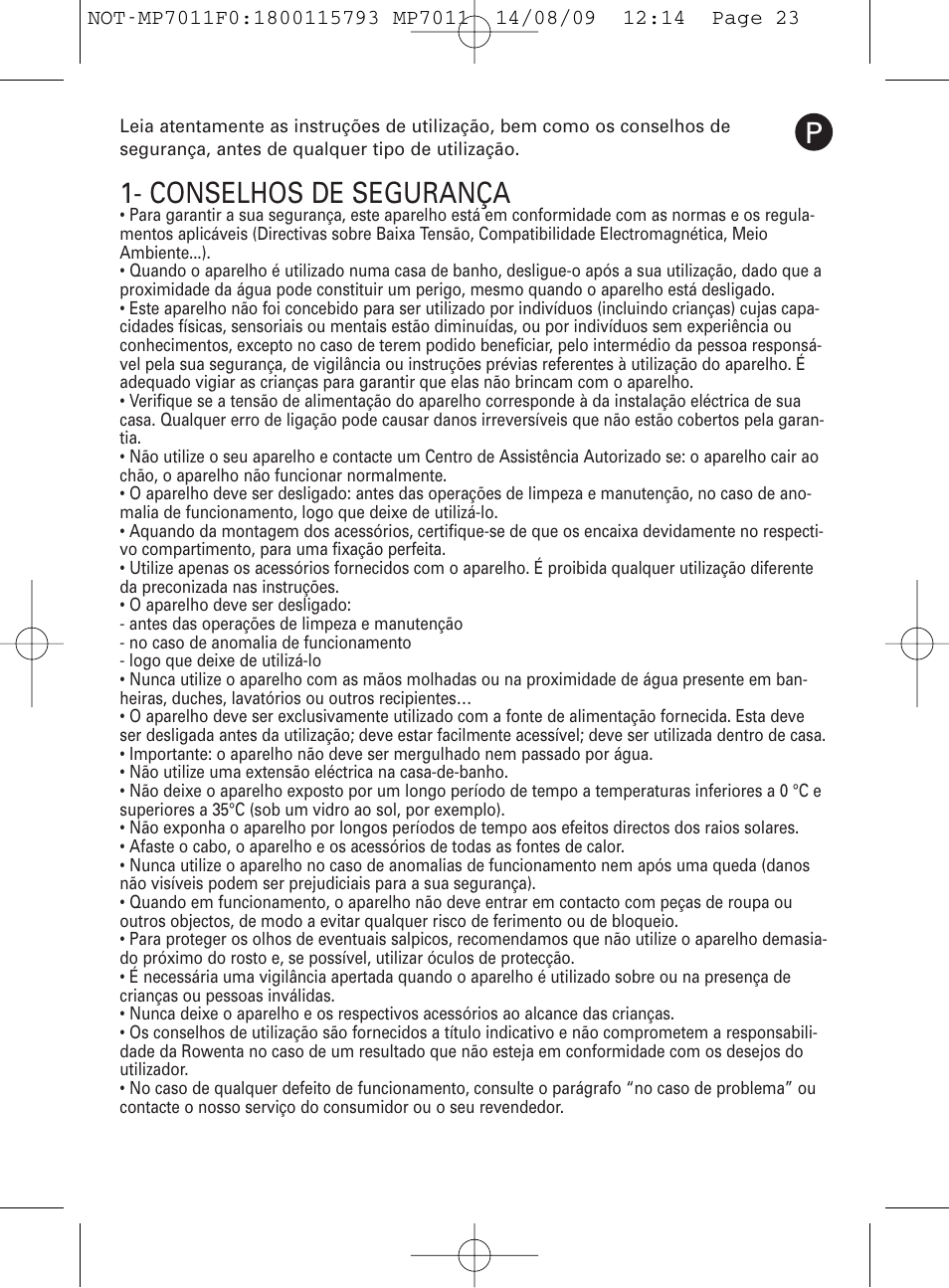 Conselhos de segurança | ROWENTA MANEIS MP7010 User Manual | Page 23 / 48