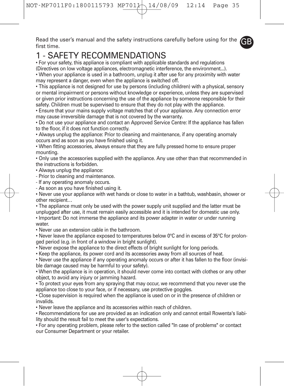 1 - safety recommendations | ROWENTA MANEIS MP7010 User Manual | Page 35 / 48