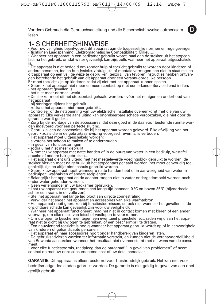 Sicherheitshinweise | ROWENTA MANEIS MP7010 User Manual | Page 7 / 48