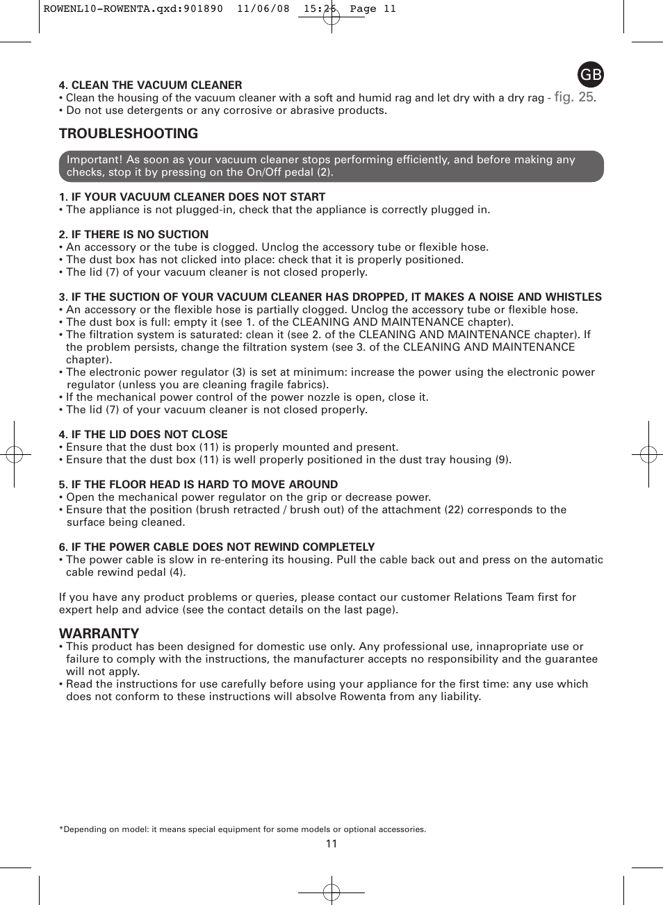 Fig. 25, Troubleshooting, Warranty | ROWENTA COSMO RO3623 User Manual | Page 15 / 122